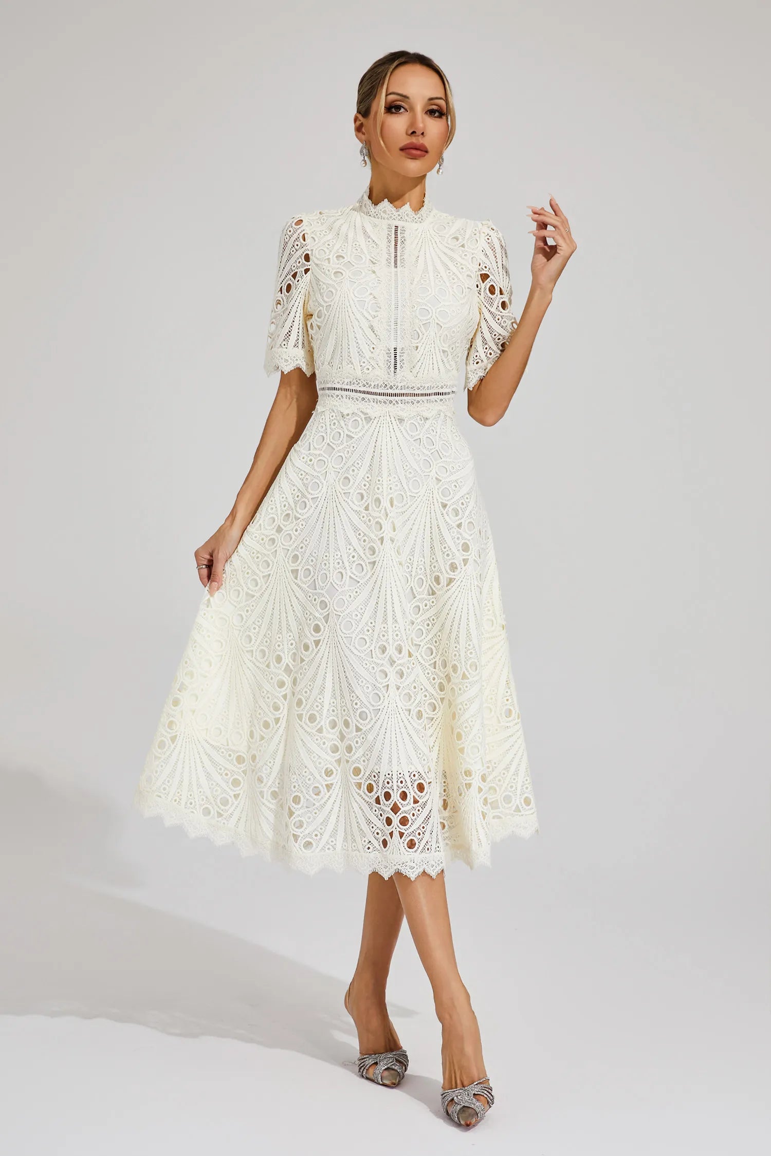 Giada Women’s Lace Midi Dress – Elegant Cut-Out Party Dress with Short Sleeves