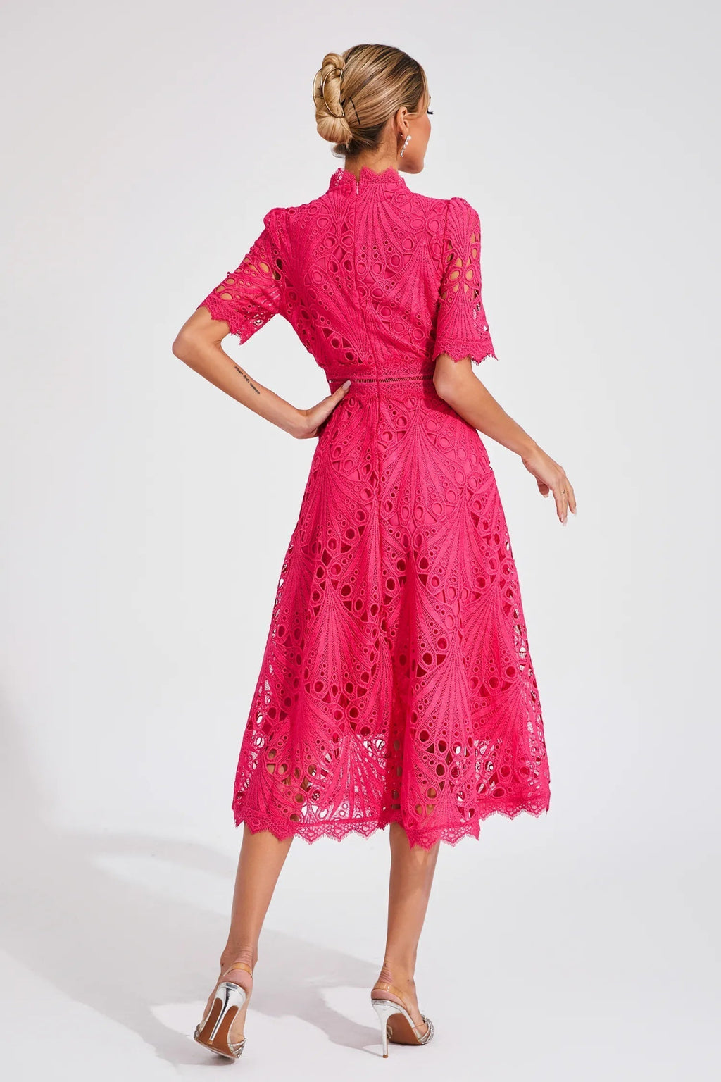 Giada Women’s Lace Midi Dress – Elegant Cut-Out Party Dress with Short Sleeves
