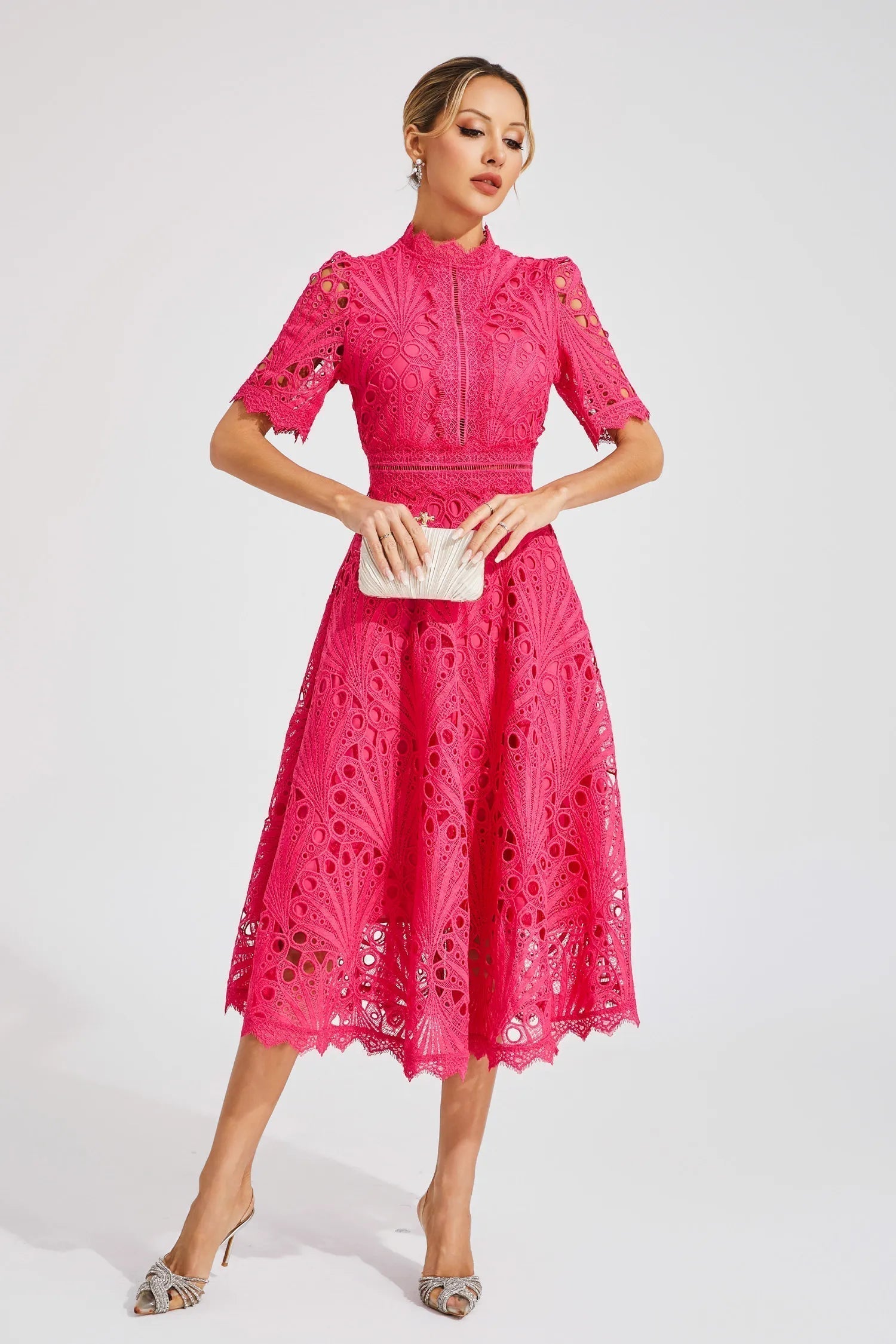 Giada Women’s Lace Midi Dress – Elegant Cut-Out Party Dress with Short Sleeves