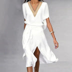 Beverly Women’s Midi Dress – Elegant V-Neck White Dress with Relaxed Straight Fit