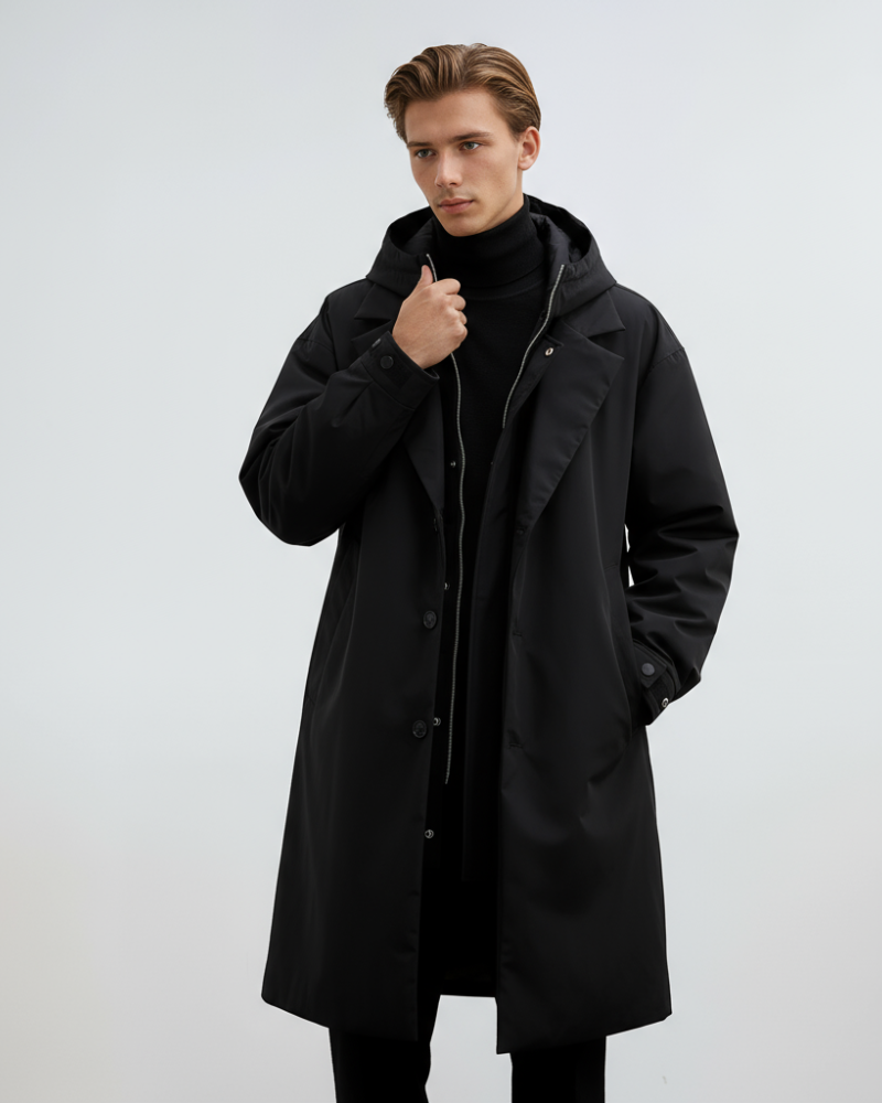 Kennington Men’s Long Trench Coat – Waterproof Hooded Jacket with Elegant Tailored Fit