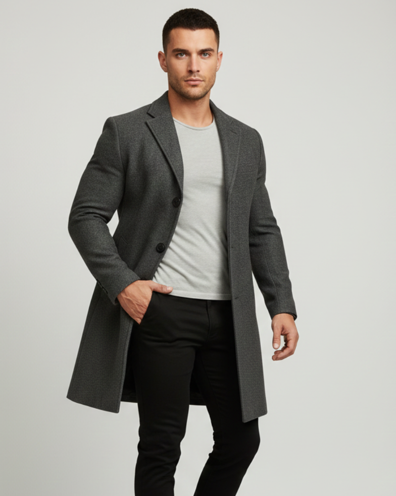 Ian Men’s Winter Coat – Long Windproof Overcoat with Classic Lapel & Regular Fit