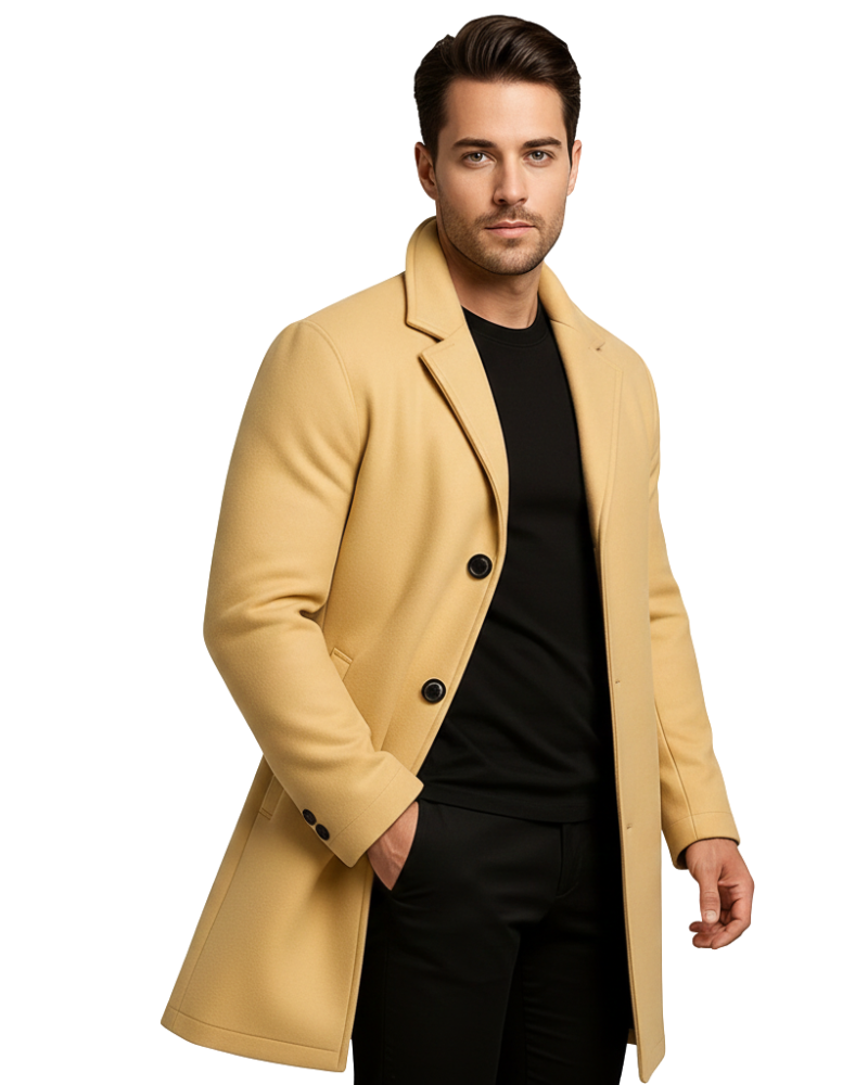 Ian Men’s Winter Coat – Long Windproof Overcoat with Classic Lapel & Regular Fit