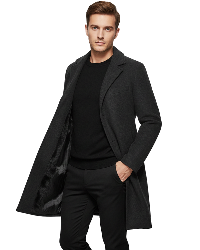Ian Men’s Winter Coat – Long Windproof Overcoat with Classic Lapel & Regular Fit