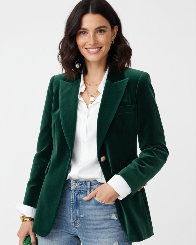 Haydee Women’s Velvet Blazer – Elegant Green Jacket with Gold Buttons & Tailored Fit