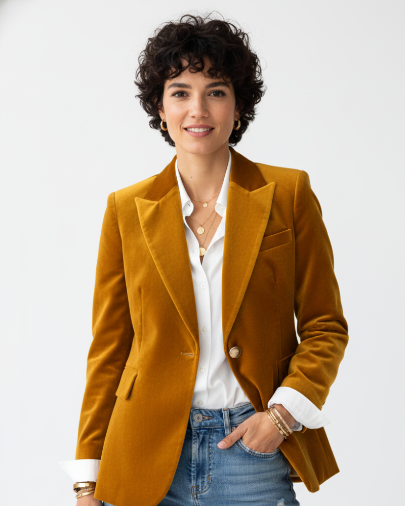 Haydee Women’s Velvet Blazer – Elegant Green Jacket with Gold Buttons & Tailored Fit