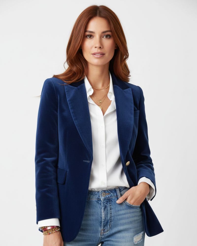 Haydee Women’s Velvet Blazer – Elegant Green Jacket with Gold Buttons & Tailored Fit