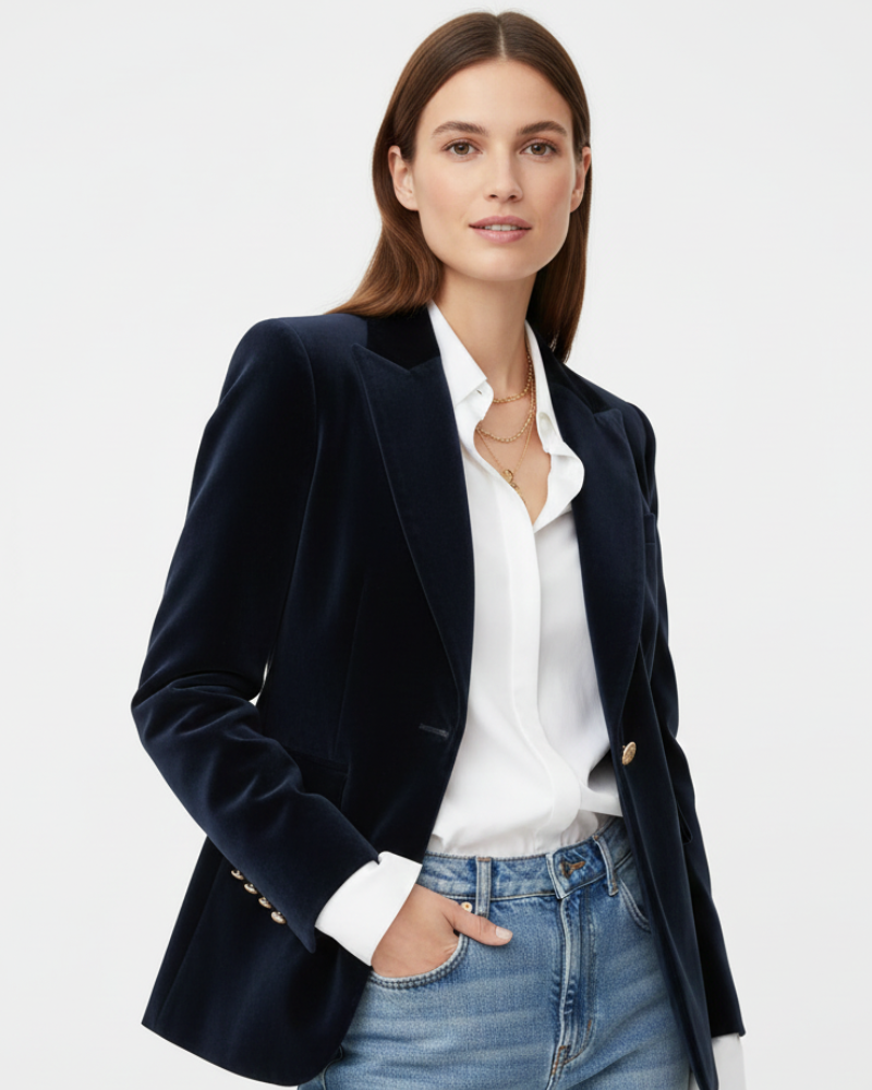 Haydee Women’s Velvet Blazer – Elegant Green Jacket with Gold Buttons & Tailored Fit