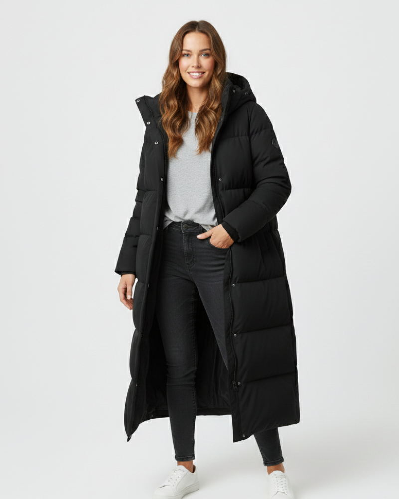 Delilah Women’s Long Puffer Coat – Windproof Extra Long Winter Jacket with Hood