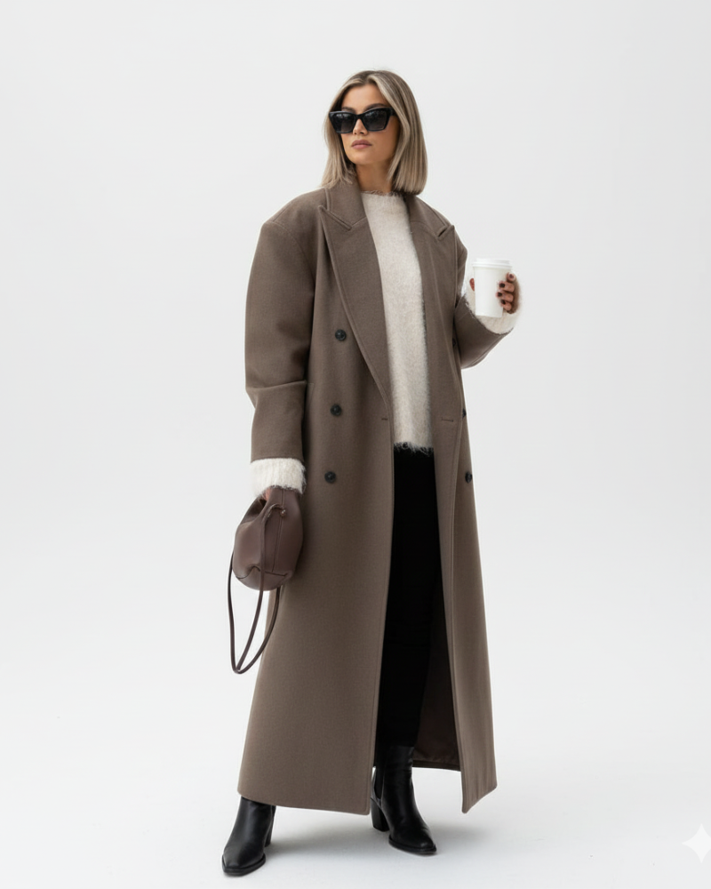 Claudia Women’s Oversized Winter Coat – Elegant Double-Breasted Long Wool Blend Jacket