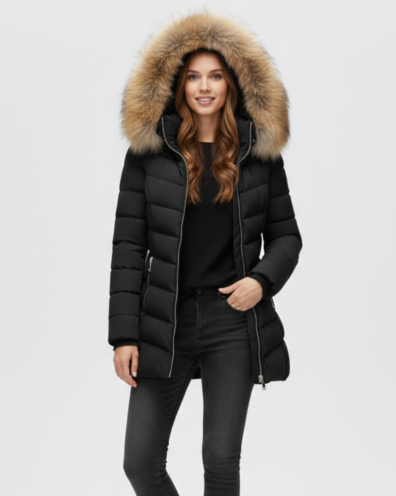 Anne Women’s Puffer Jacket – Chevron Quilted Winter Coat with Faux Fur Hood