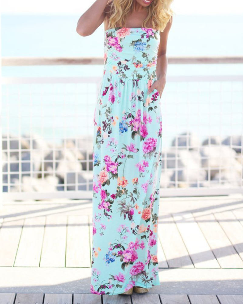 Aurora Women's Bohemian Maxi Dress – Flowy Beach Holiday Dress with Pockets