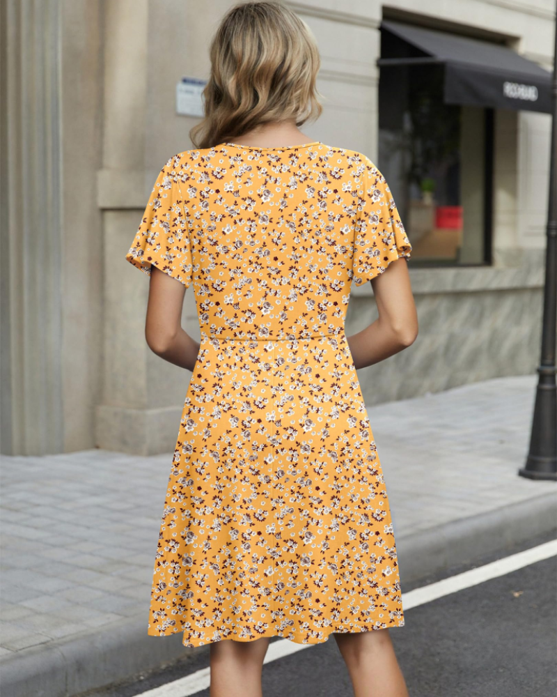 Sophie Women's Floral Dress – V-Neck A-Line Summer Dress with Pockets
