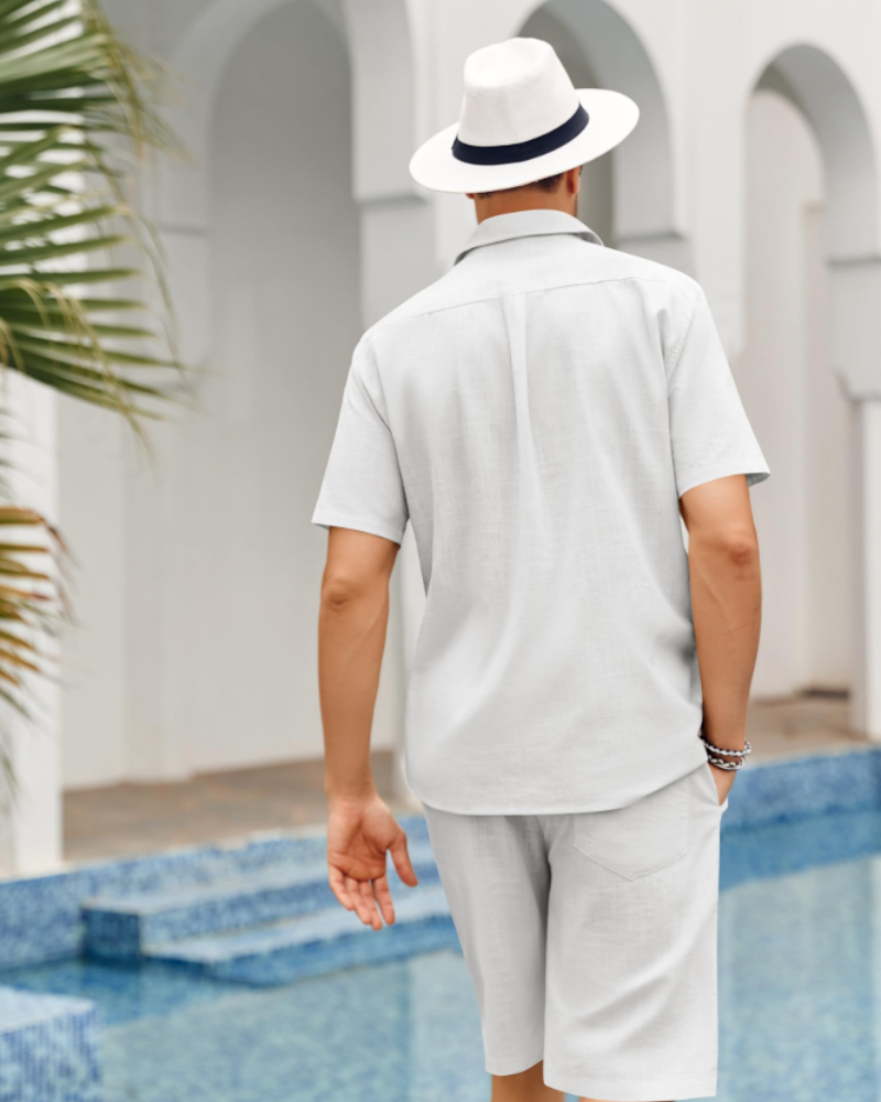 Oliver Men's Linen Co-Ord Set – Cuban Collar Shirt & Drawstring Shorts Summer Outfit