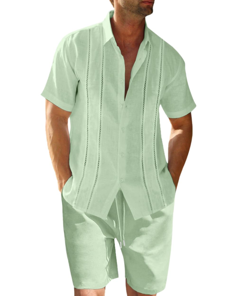 Oliver Men's Linen Co-Ord Set – Cuban Collar Shirt & Drawstring Shorts Summer Outfit