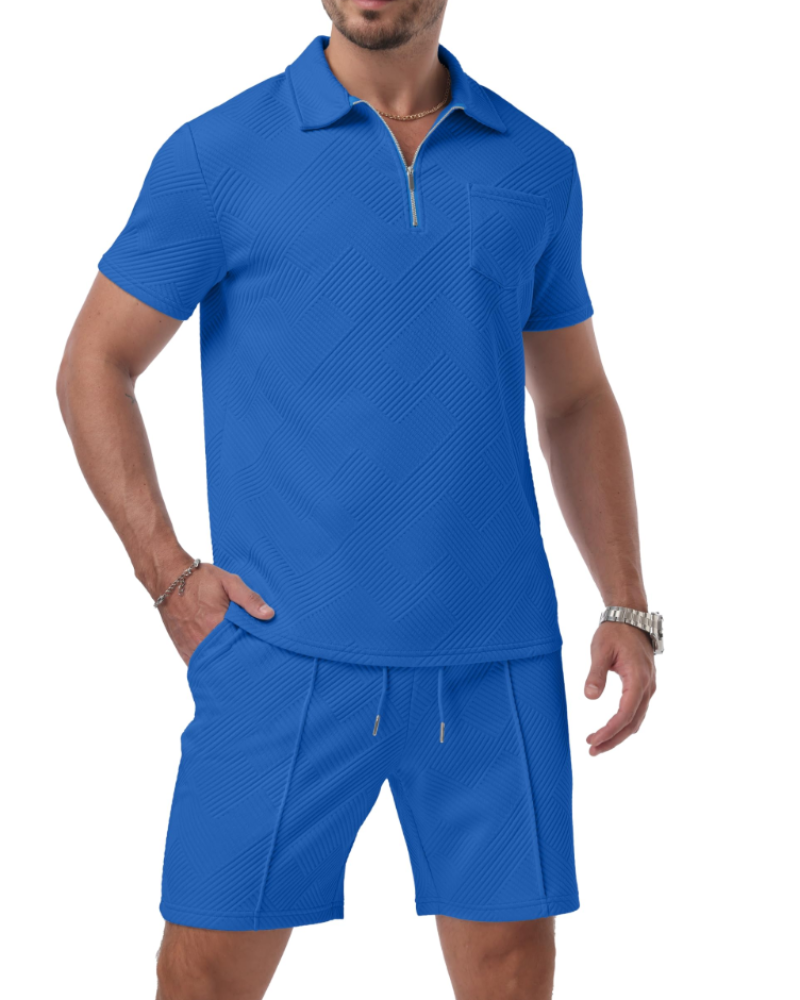 Ethan Men's Jacquard Polo Set – Half Zip Polo Shirt & Shorts Summer Co-Ord