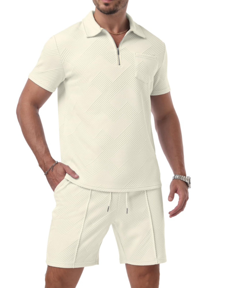 Ethan Men's Jacquard Polo Set – Half Zip Polo Shirt & Shorts Summer Co-Ord