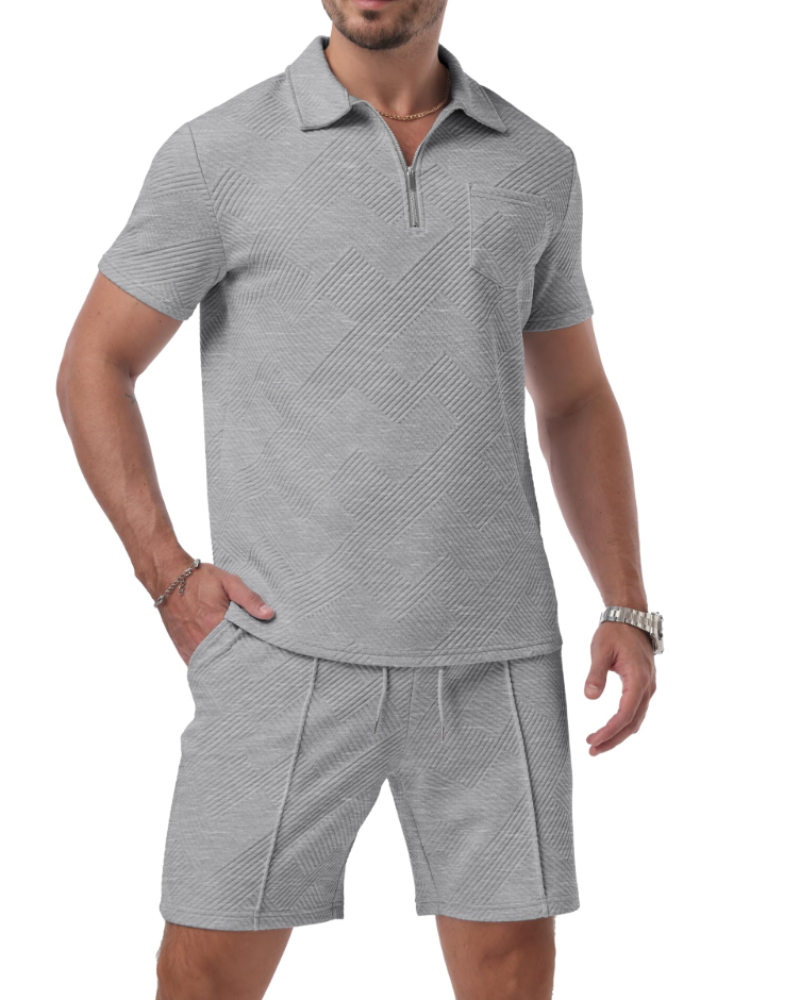 Ethan Men's Jacquard Polo Set – Half Zip Polo Shirt & Shorts Summer Co-Ord