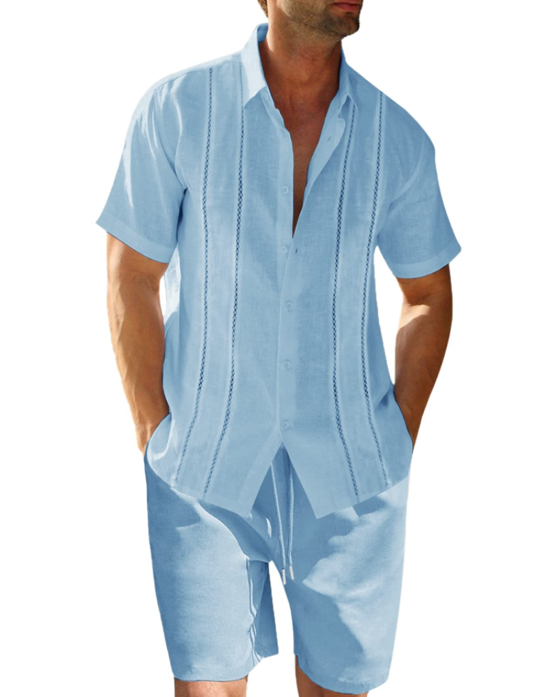 Oliver Men's Linen Co-Ord Set – Cuban Collar Shirt & Drawstring Shorts Summer Outfit