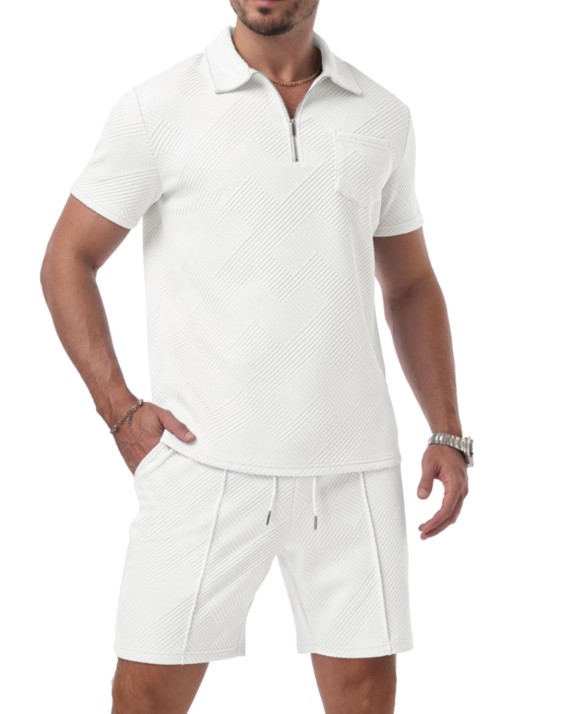 Ethan Men's Jacquard Polo Set – Half Zip Polo Shirt & Shorts Summer Co-Ord