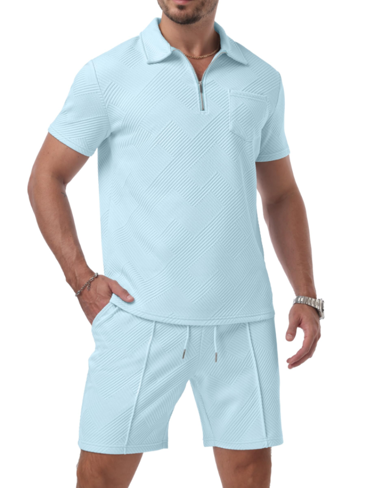 Ethan Men's Jacquard Polo Set – Half Zip Polo Shirt & Shorts Summer Co-Ord
