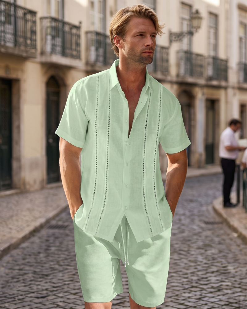 Oliver Men's Linen Co-Ord Set – Cuban Collar Shirt & Drawstring Shorts Summer Outfit