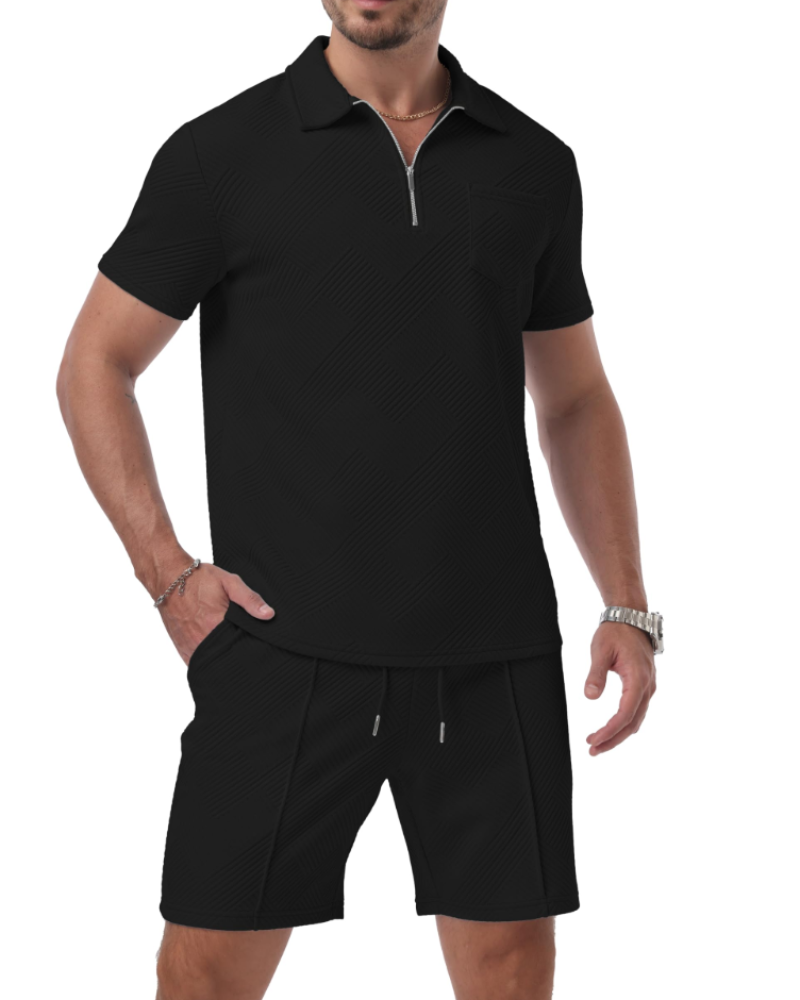 Ethan Men's Jacquard Polo Set – Half Zip Polo Shirt & Shorts Summer Co-Ord