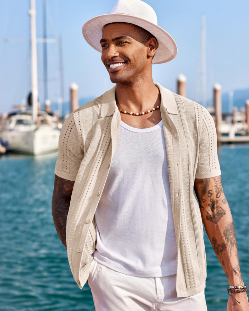 Nathan Men's Knit Polo Shirt – Textured Button Down Summer Beach Shirt