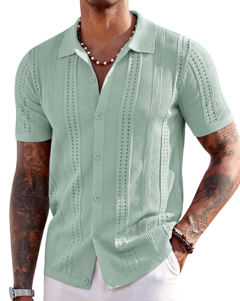 Nathan Men's Knit Polo Shirt – Textured Button Down Summer Beach Shirt