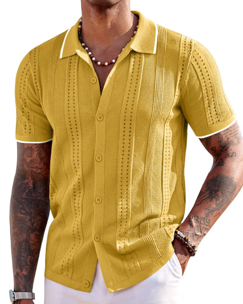 Nathan Men's Knit Polo Shirt – Textured Button Down Summer Beach Shirt