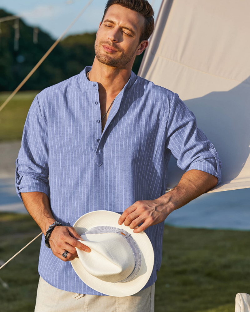 Bennett Men's Henley Shirt – Cotton Linen Long Sleeve Casual Summer Top
