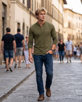 Owen Men's Henley T-Shirt – Cotton Long Sleeve Button Casual Top