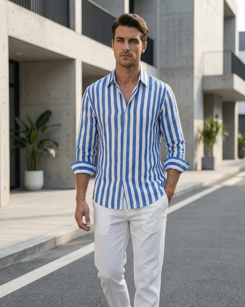 Declan Men's Striped Shirt – Long Sleeve Button Down Casual Beach Shirt