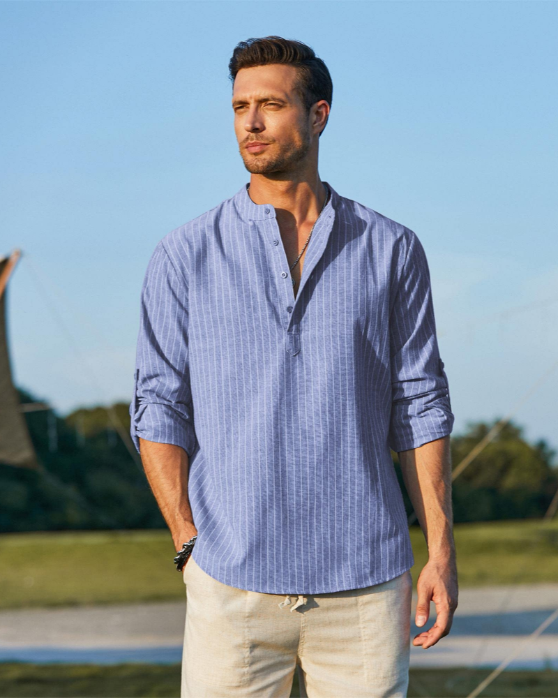 Bennett Men's Henley Shirt – Cotton Linen Long Sleeve Casual Summer Top