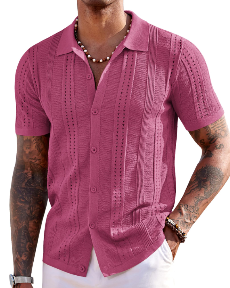 Nathan Men's Knit Polo Shirt – Textured Button Down Summer Beach Shirt