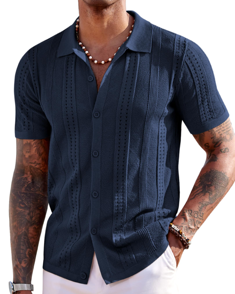 Nathan Men's Knit Polo Shirt – Textured Button Down Summer Beach Shirt