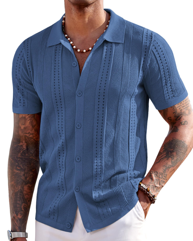 Nathan Men's Knit Polo Shirt – Textured Button Down Summer Beach Shirt