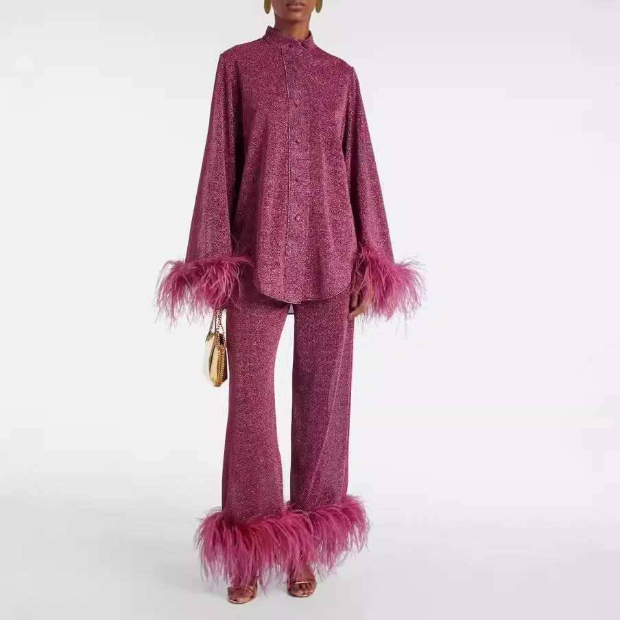 Laila Women’s Elegant Two-Piece Set – Feather Collar Top & Wide Leg Trousers