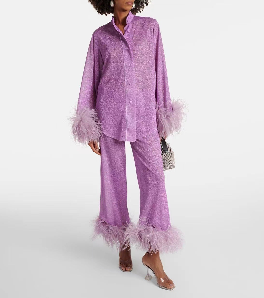 Laila Women’s Elegant Two-Piece Set – Feather Collar Top & Wide Leg Trousers