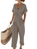 Natalie Women's Two-Piece Summer Set – V-Neck Top & Wide Leg Trousers Co-Ord