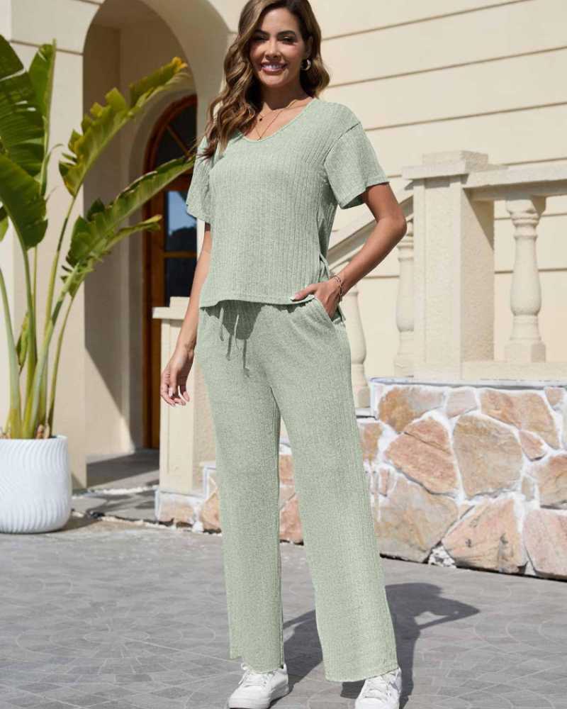Isabelle Women's Ribbed Co-Ord Set – V-Neck Top & Wide Leg Trousers with Pockets