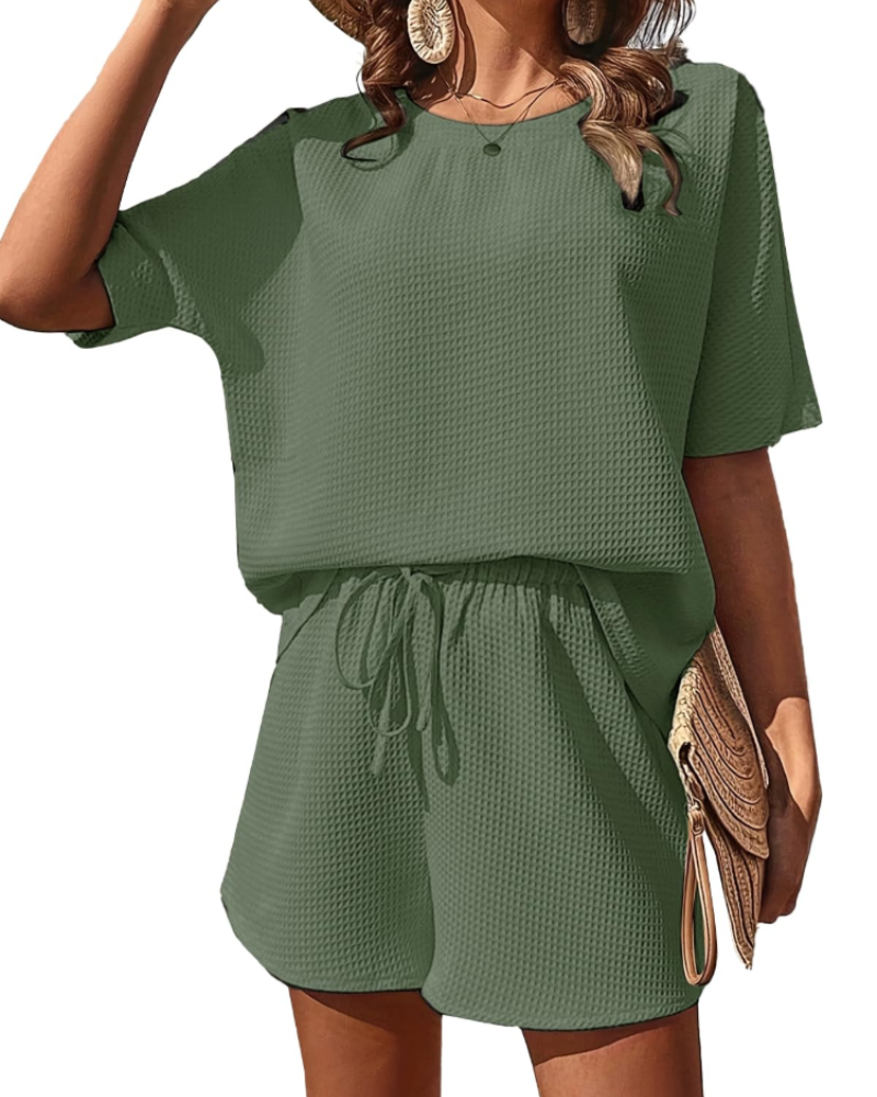 Madeline Women's Waffle Lounge Set – Short Sleeve Top & Drawstring Shorts Co-Ord