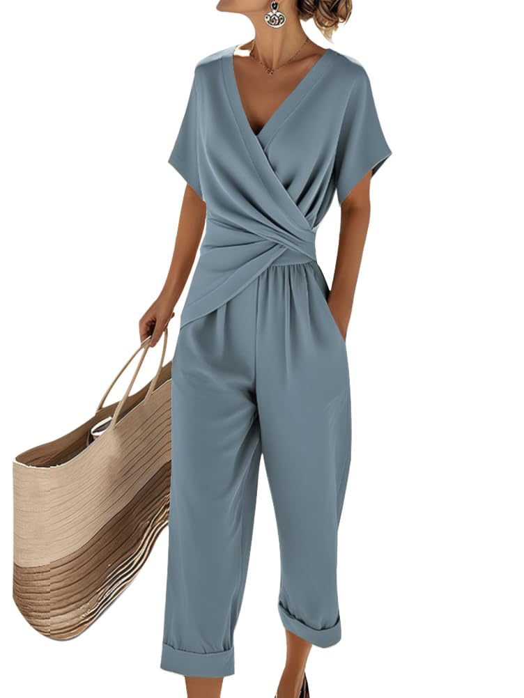 Natalie Women's Two-Piece Summer Set – V-Neck Top & Wide Leg Trousers Co-Ord