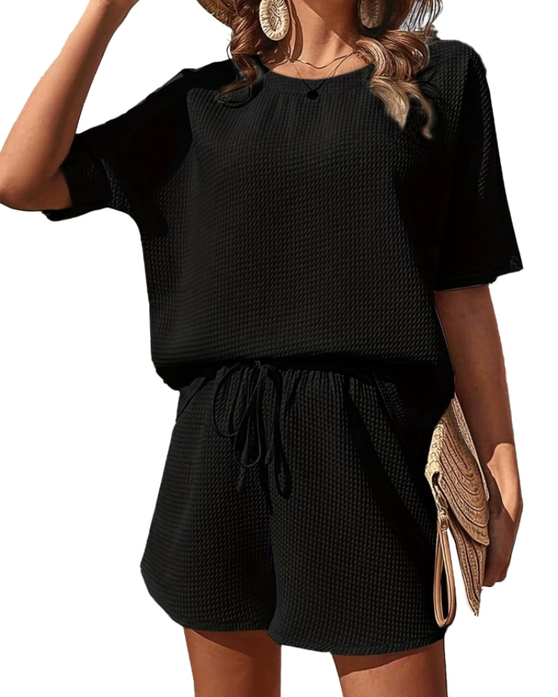 Madeline Women's Waffle Lounge Set – Short Sleeve Top & Drawstring Shorts Co-Ord