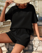 Madeline Women's Waffle Lounge Set – Short Sleeve Top & Drawstring Shorts Co-Ord