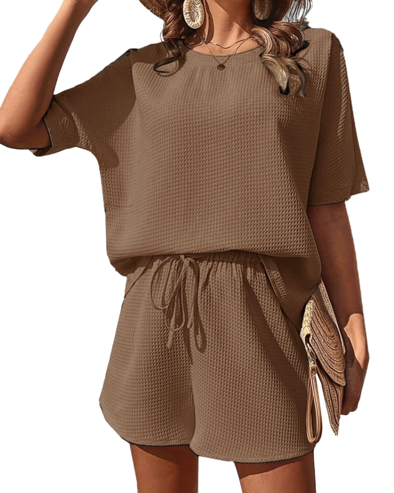 Madeline Women's Waffle Lounge Set – Short Sleeve Top & Drawstring Shorts Co-Ord
