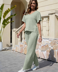 Isabelle Women's Ribbed Co-Ord Set – V-Neck Top & Wide Leg Trousers with Pockets