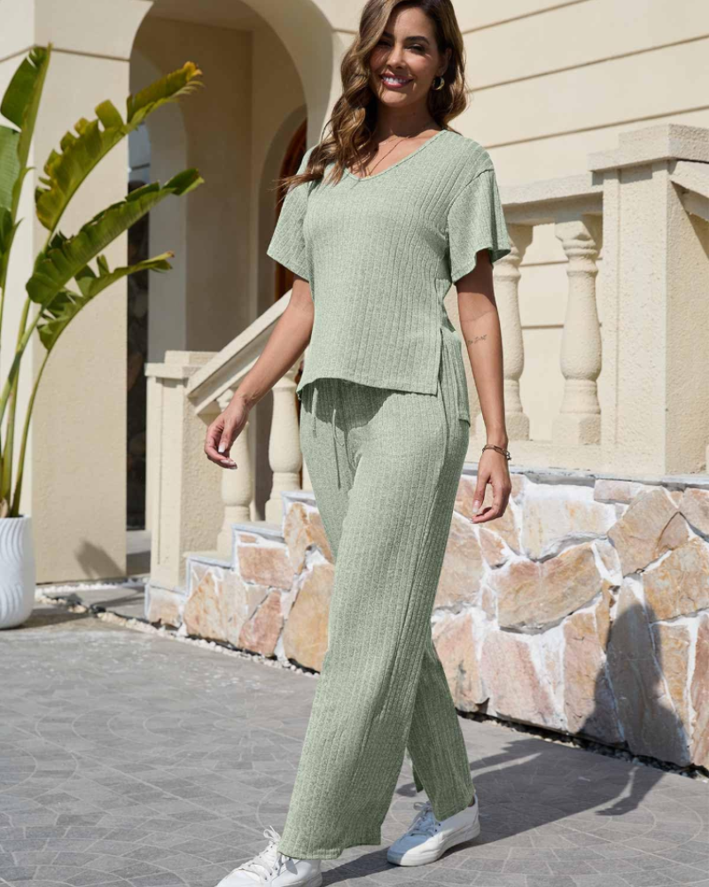 Isabelle Women's Ribbed Co-Ord Set – V-Neck Top & Wide Leg Trousers with Pockets