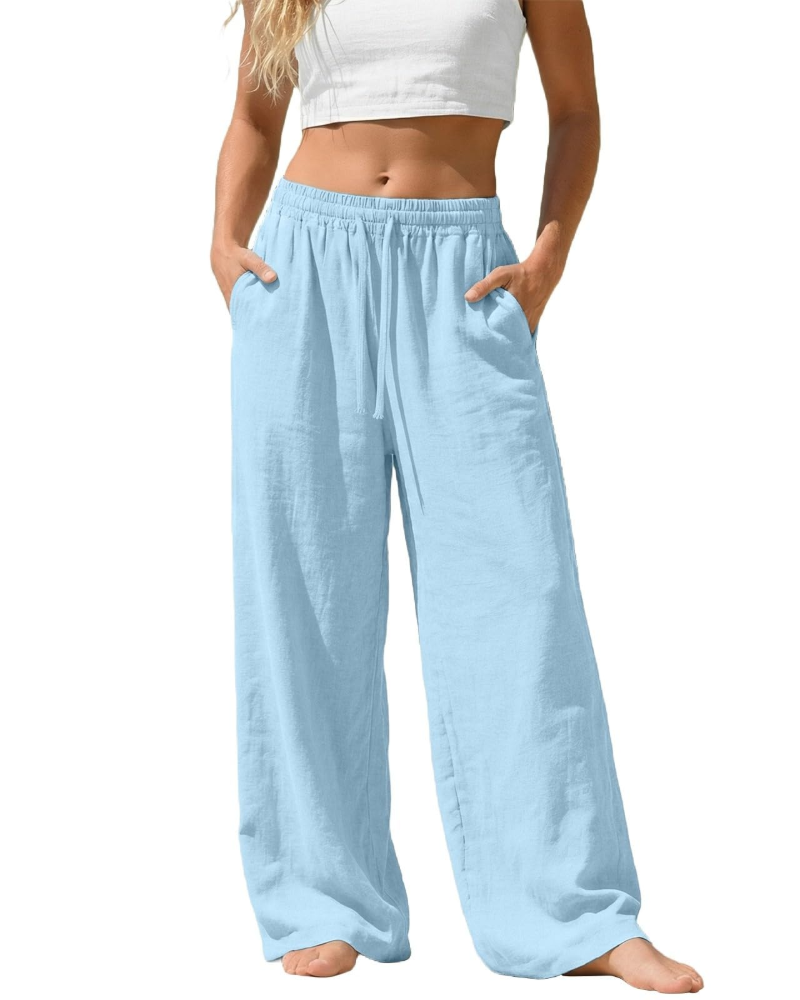 Bella Women’s Linen Palazzo Pants – Wide Leg Drawstring Trousers with Pockets