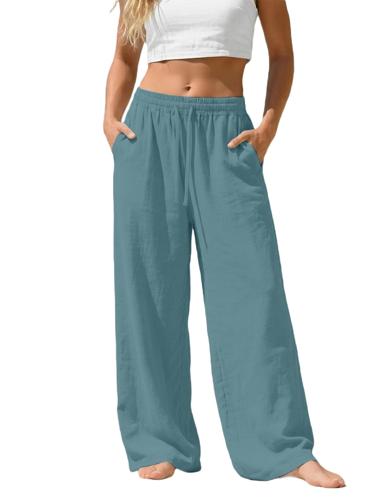 Bella Women’s Linen Palazzo Pants – Wide Leg Drawstring Trousers with Pockets